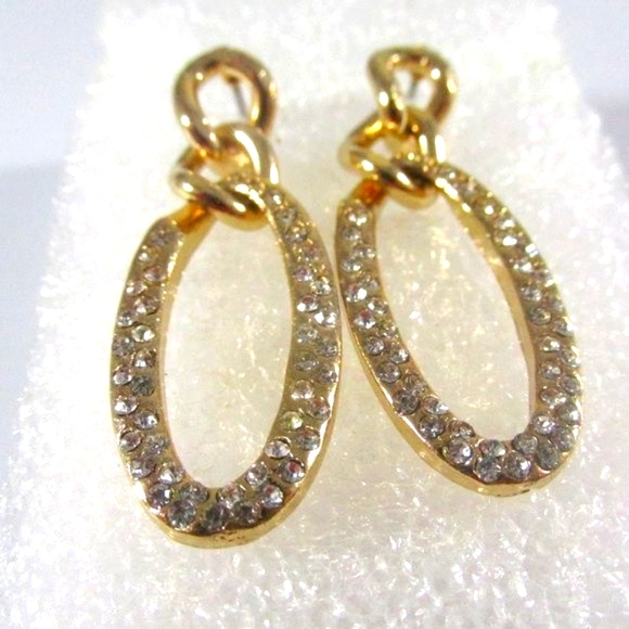 Vintage Twist Oval Crystal 14k Gold Dipped Post Drop Earrings - Picture 6 of 8